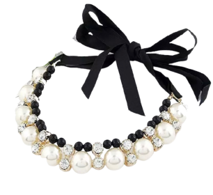 Lovely Pearl Ribbon Necklace (Color: Black, size: small)