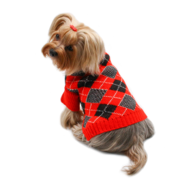 Argyle Turtleneck Sweater in Red/Black/White (Color: Red, size: XS)